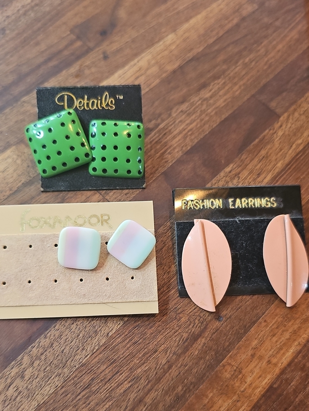 Vintage Earrings 80s 3 Sets Tail Green Square Polka Dot Orange Stripes Retro